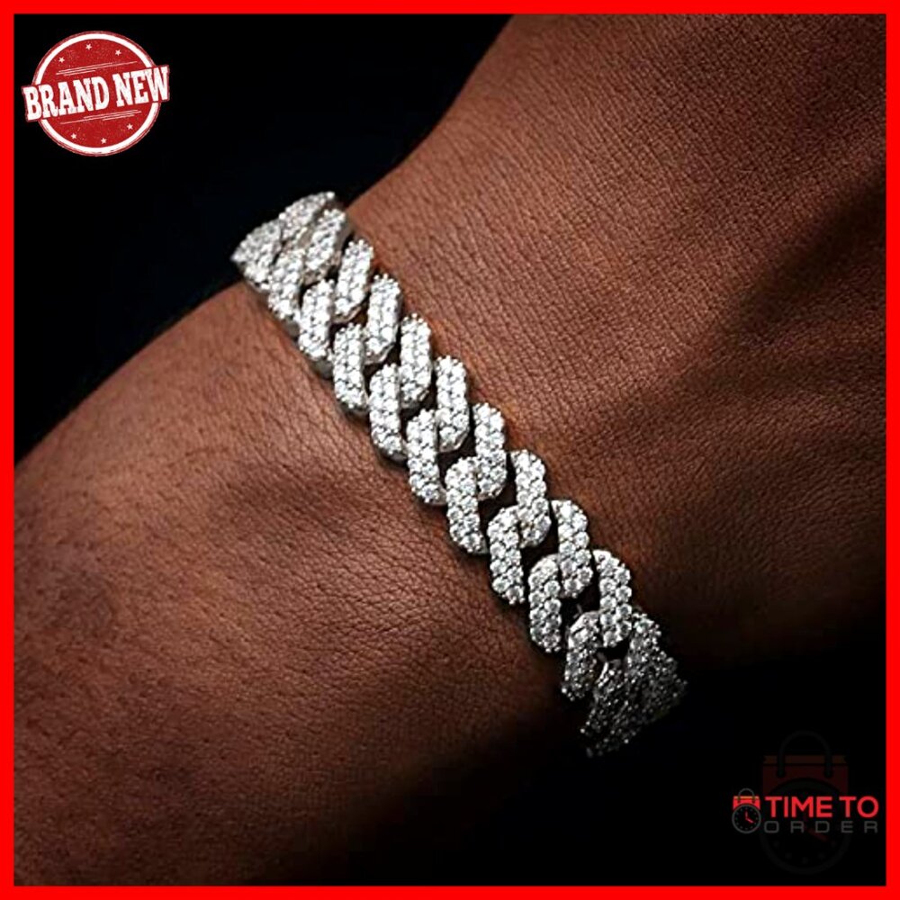 12mm Gold Plated Cuban Link Chain Bracelet with Prong-Setting Diamonds - Picture 5 of 7